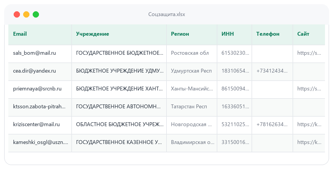 Пример таблицы базы База «Соцзащита»: колонки e-mail, учреждение, регион, ИНН, телефон, сайт